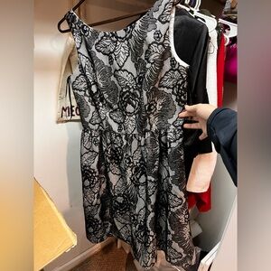 AGBDress Knee Length Black & Cream Floral Lace Dress
